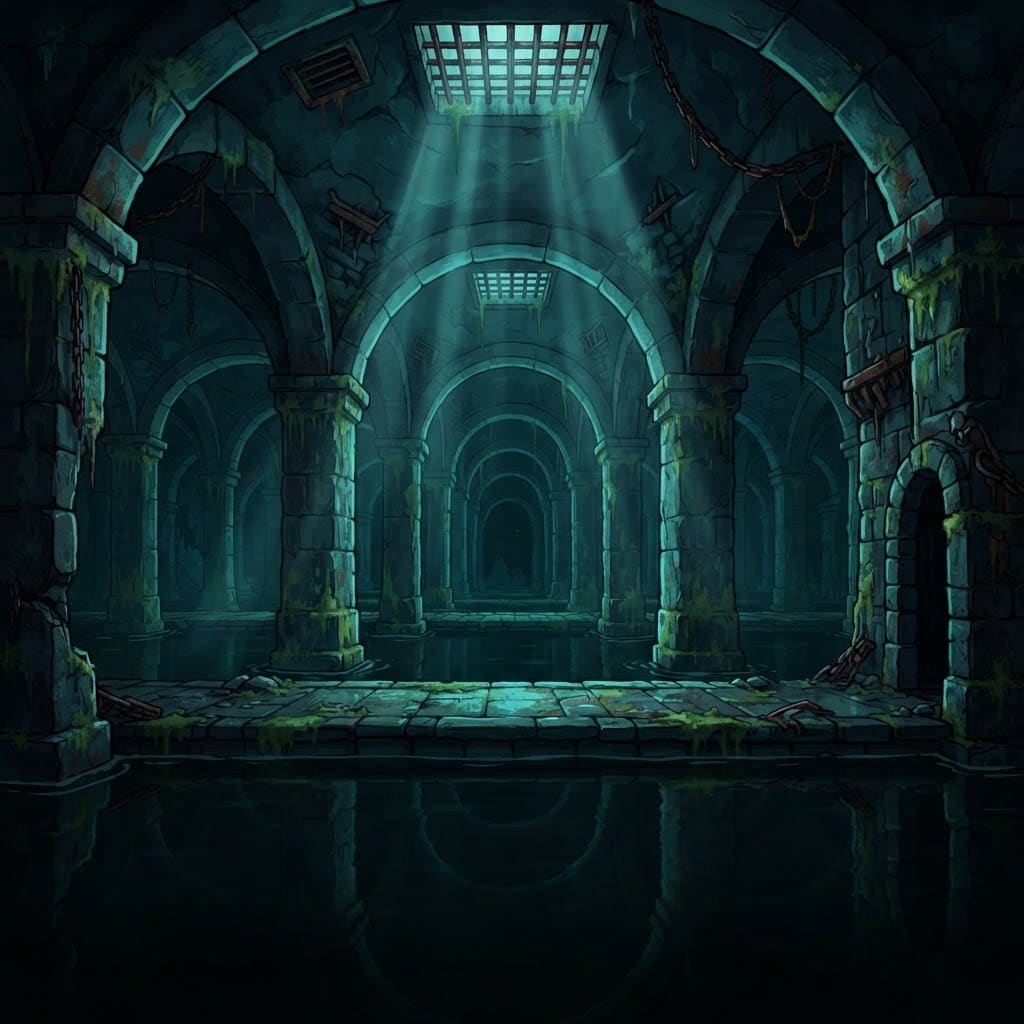 Image: A wide 16:9 painted background plate for a 2D beat