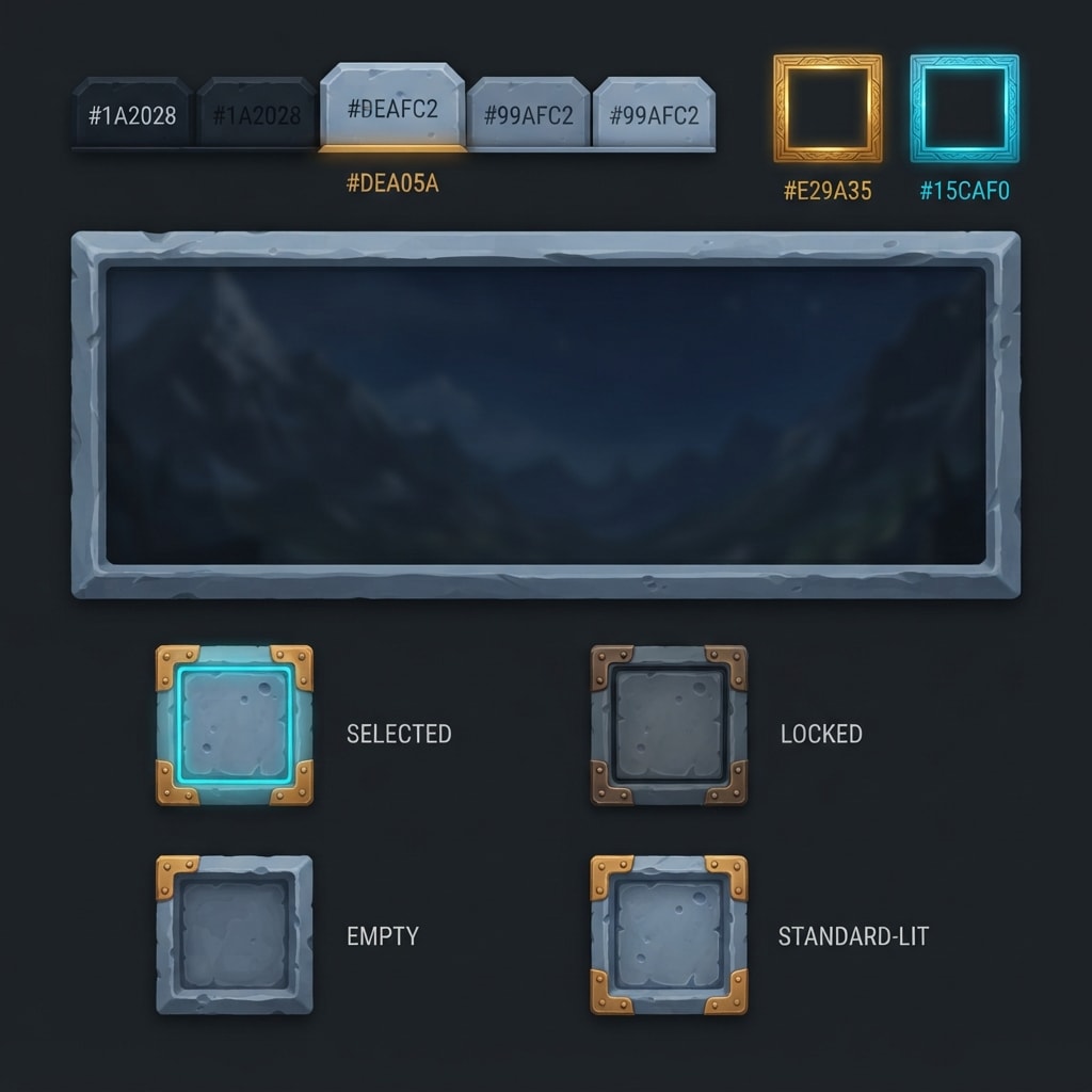 Image: Game UI component sheet, dark neutral background,