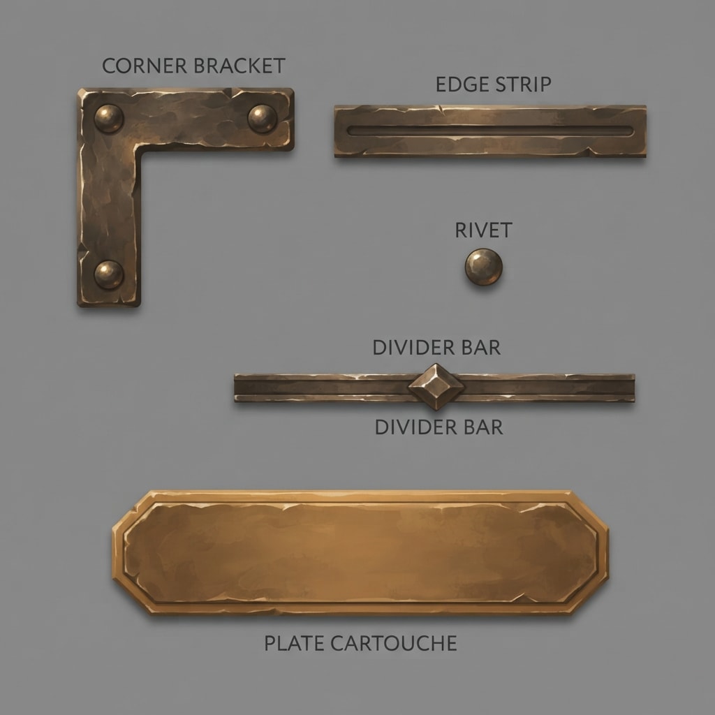 Image: Game UI asset sheet on a plain flat mid-grey backg