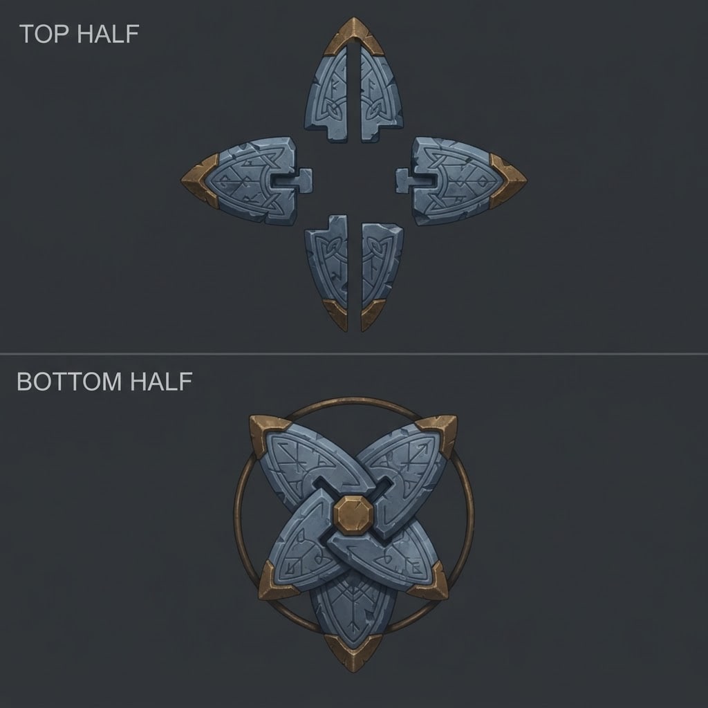 Image: Game asset concept sheet on a plain flat dark char
