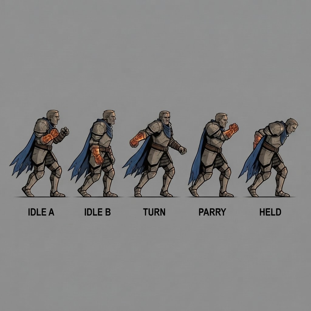 Image: A 2D game character sprite sheet: one row of FIVE
