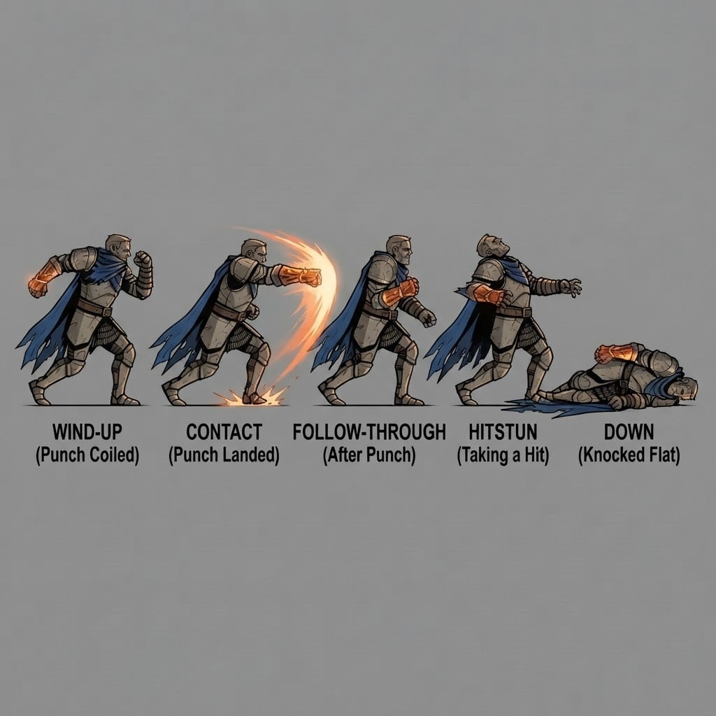 Image: A 2D game character sprite sheet: one row of FIVE