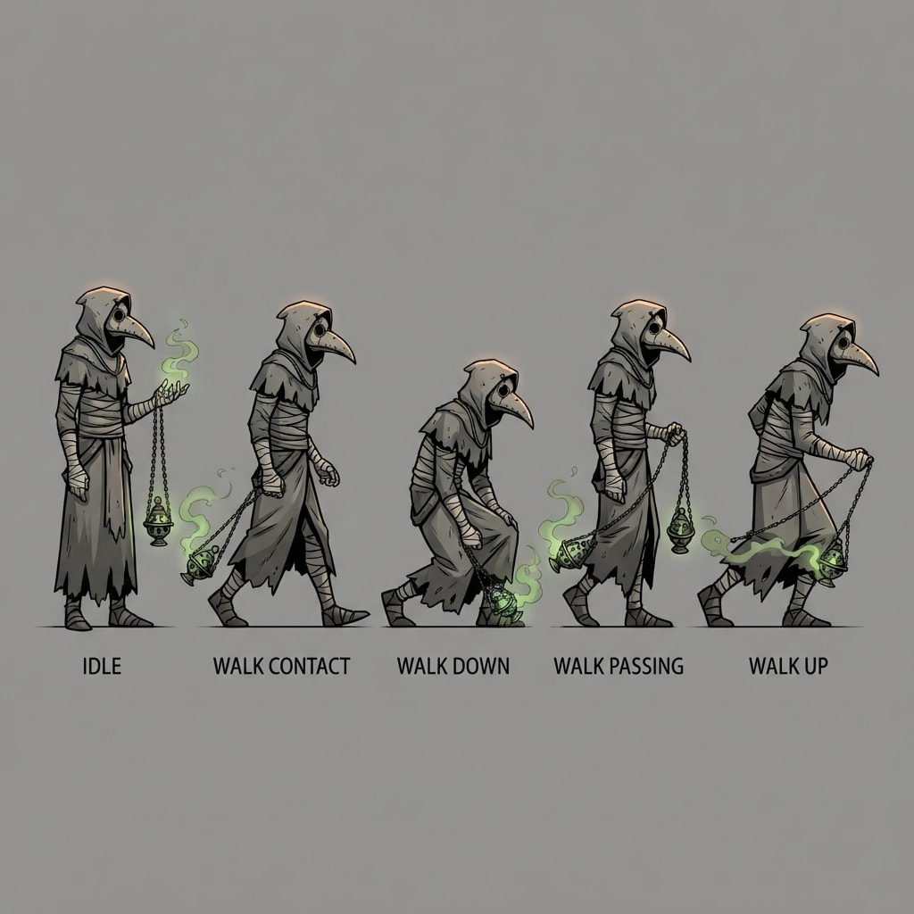 Image: A 2D game character sprite sheet: one row of FIVE 