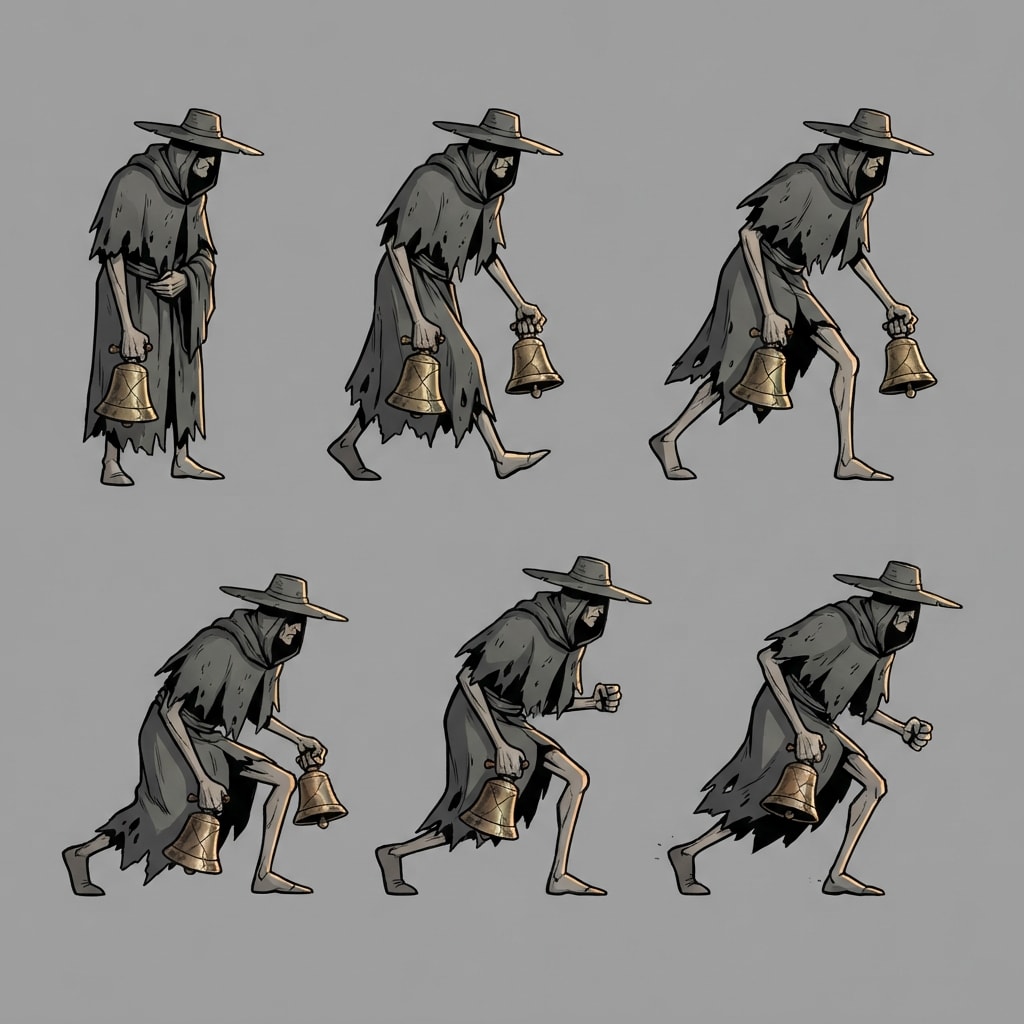 Image: A 2D game character sprite sheet showing FIVE pose