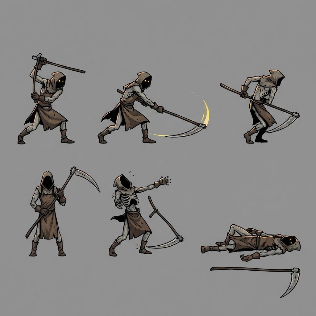 Image: A 2D game character sprite sheet showing SIX poses