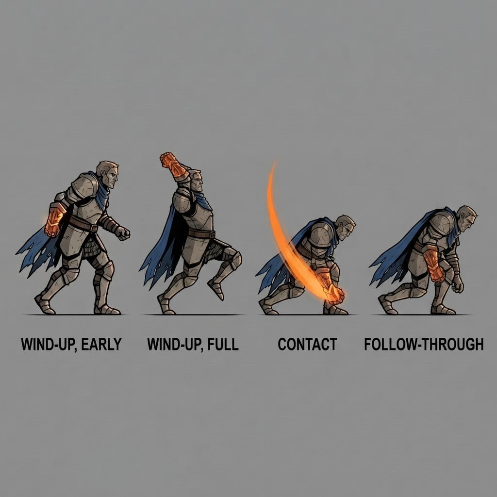 Image: A 2D game character sprite sheet showing FOUR pose