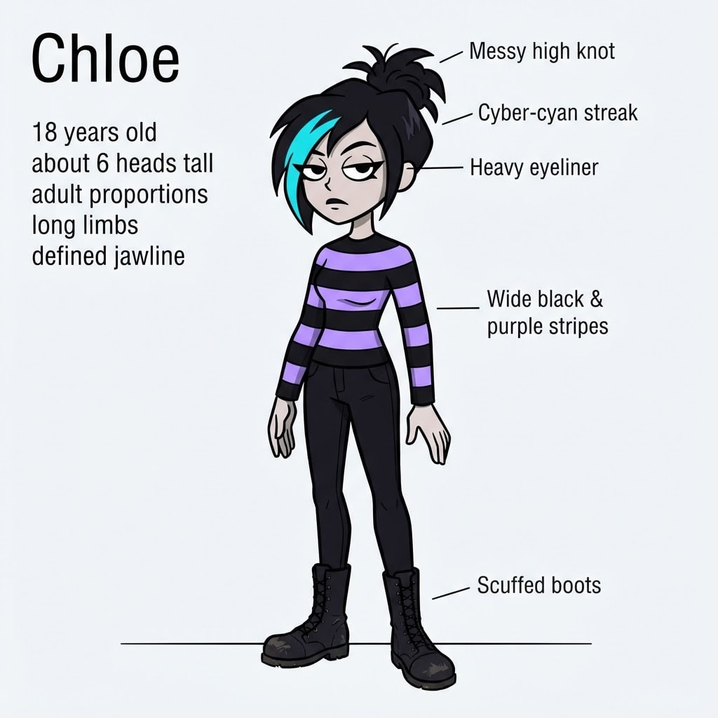 Image: Flat 2D cartoon character reference sheet, late-90