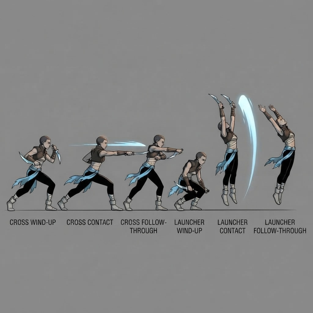Image: A 2D game character sprite sheet showing SIX poses