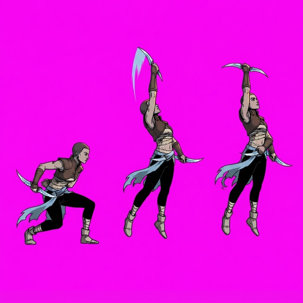 Image: A character pose sheet: EXACTLY THREE full-body po