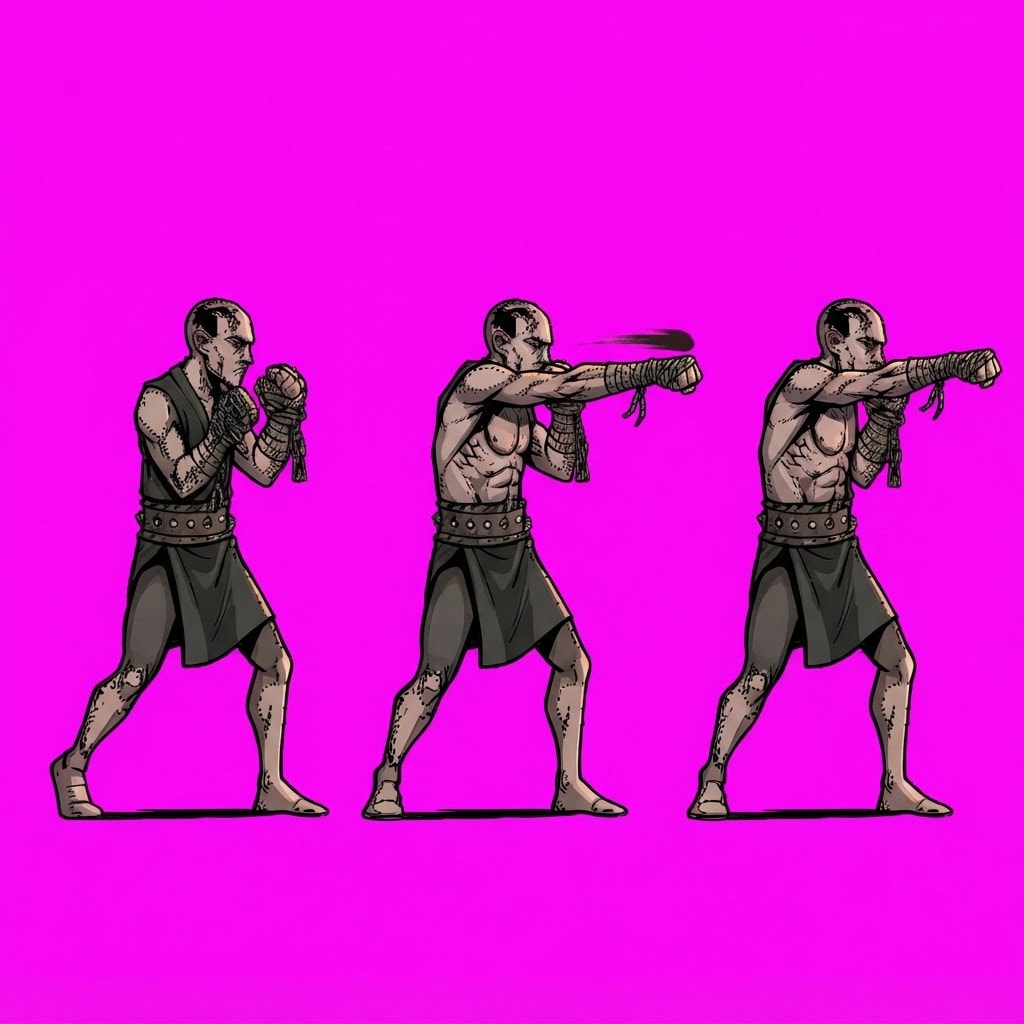 Image: A character pose sheet: EXACTLY THREE full-body po