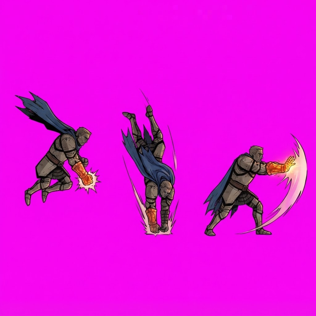 Image: A character pose sheet: EXACTLY THREE full-body po