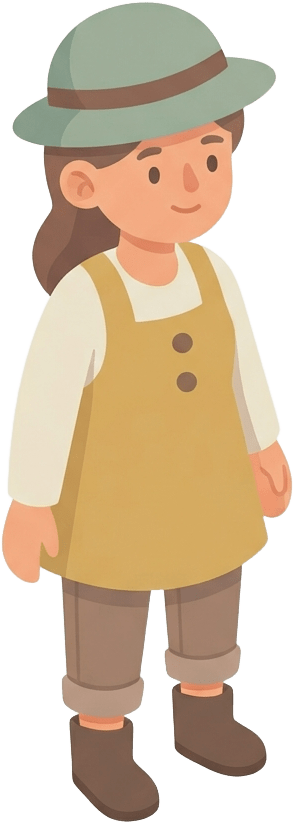 Image: A single top-down 3/4 view character for a cozy fa