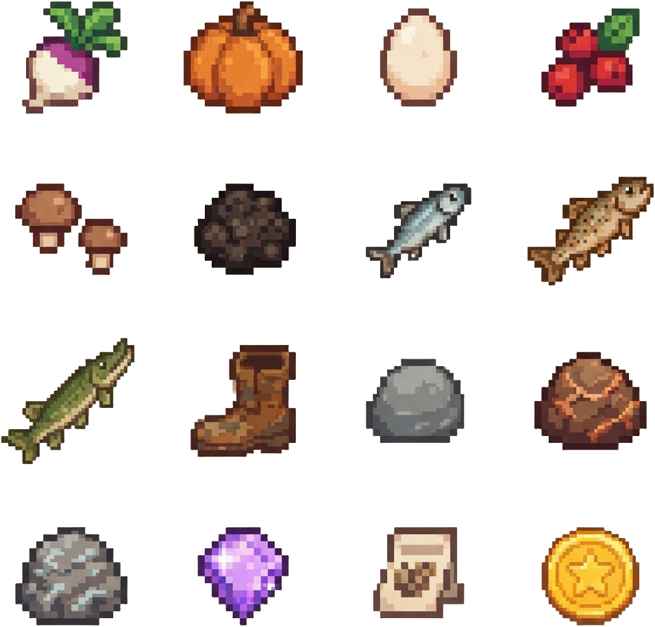Image: A neat 4 by 4 grid of 16 separate pixel-art item i