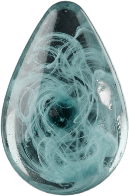 Image: A single heavy teardrop of pale cyan essence, like