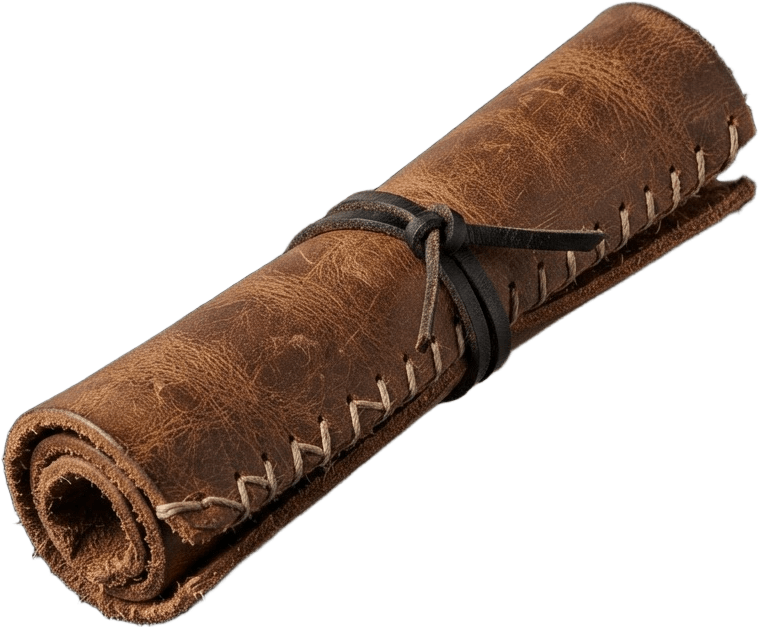 Image: A tightly rolled piece of tanned brown hide, leath