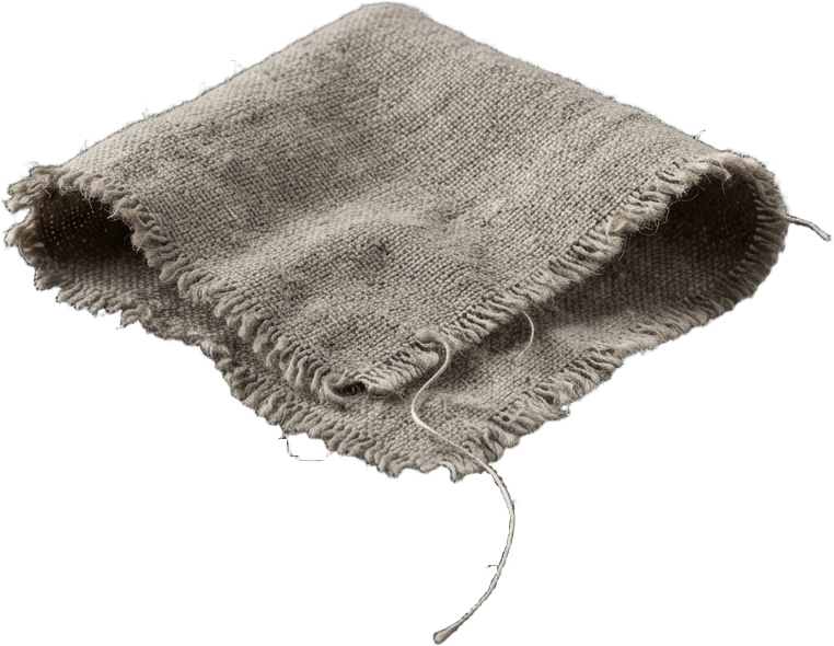 Image: A torn scrap of coarse grey linen cloth, frayed ed