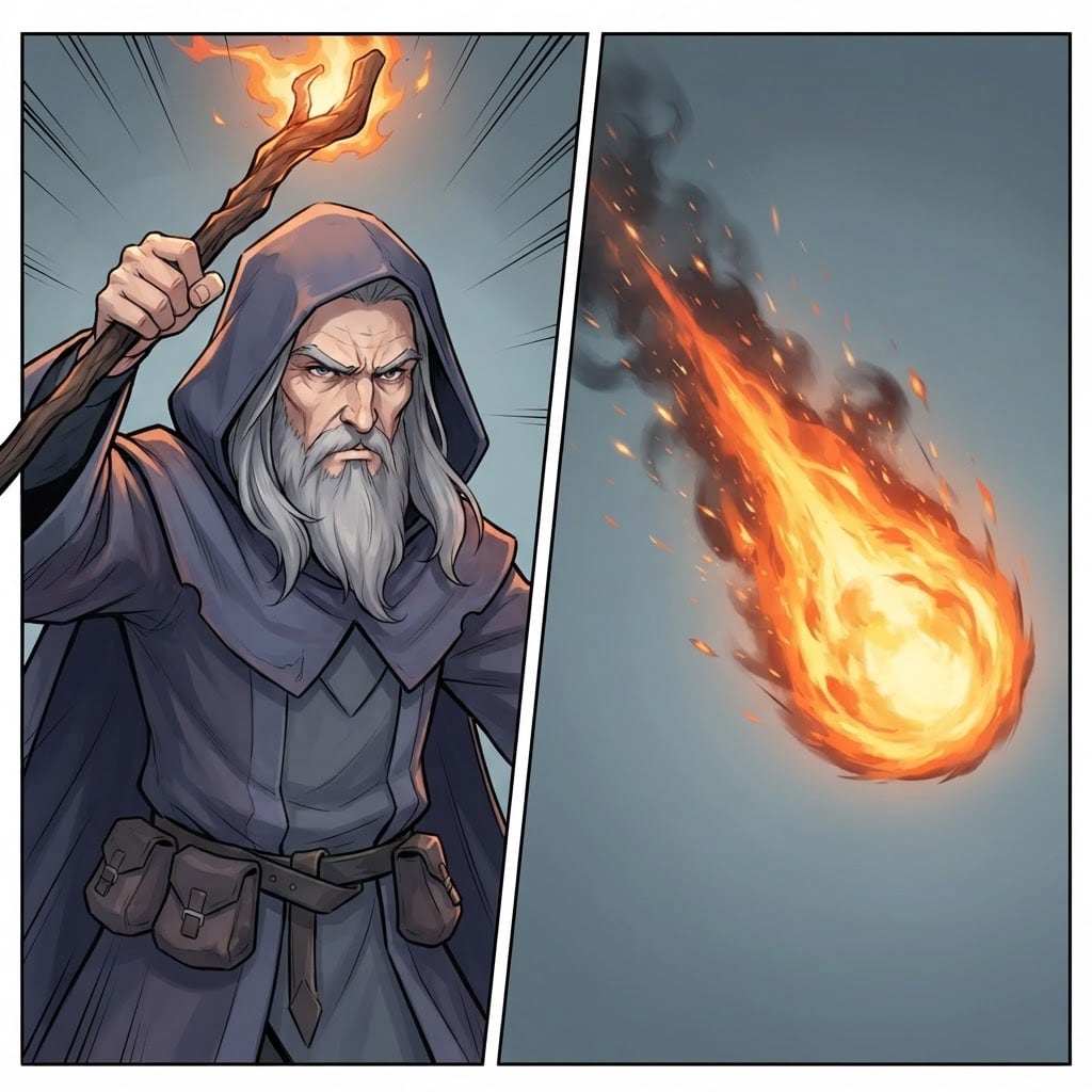Image: Comic-book spell cut-in, two-beat composition in o