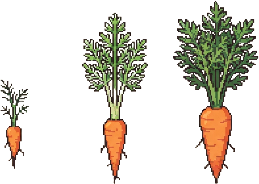 Image: Three pixel-art growth stages of a carrot plant fo