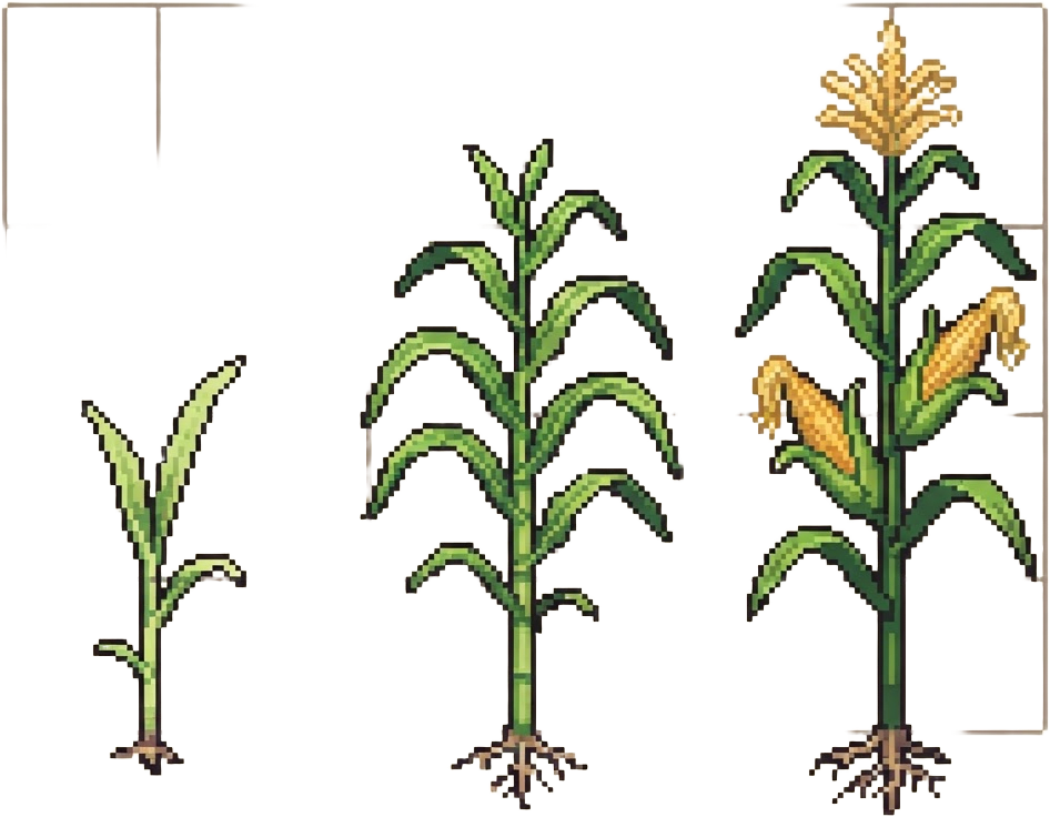 Image: Three pixel-art growth stages of a corn plant for