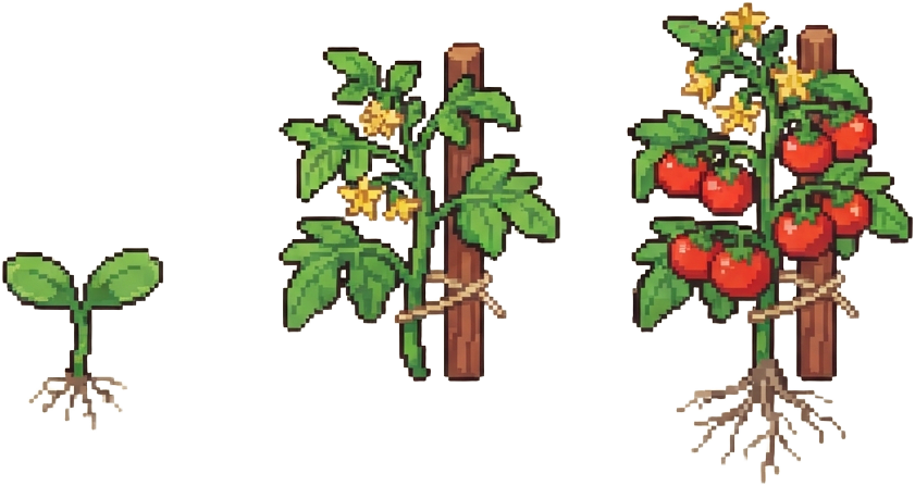 Image: Three pixel-art growth stages of a tomato plant fo