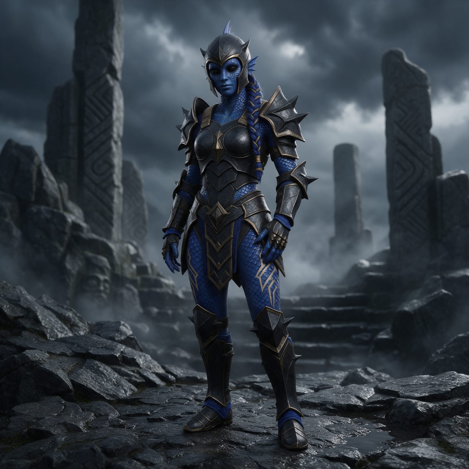 Show a blue scaled female biped
