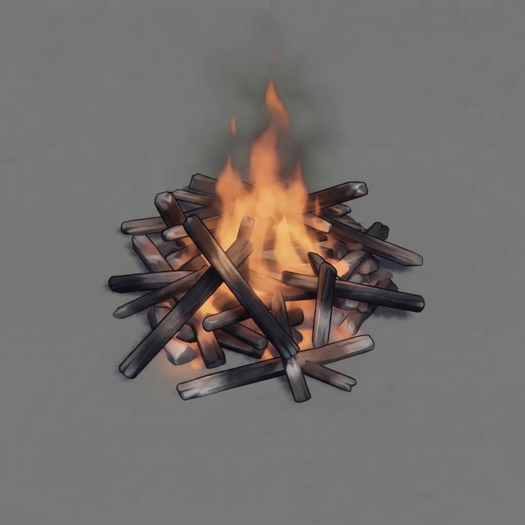 Image: A burning debris pile: collapsed charred wooden be