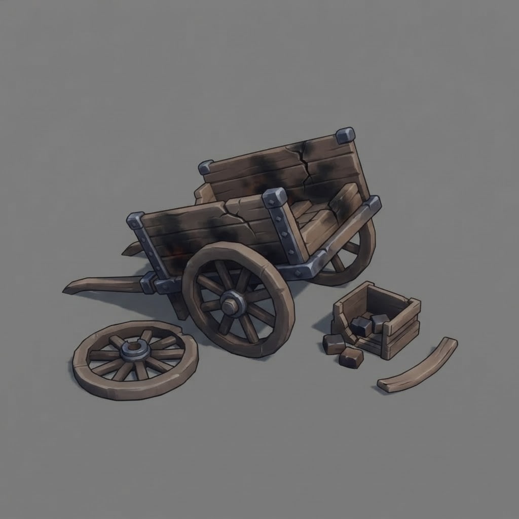 Image: A broken Nordic supply cart: a wooden two-wheeled