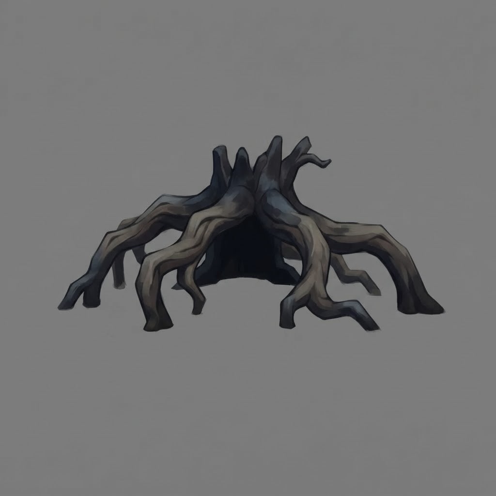 Image: A cluster of dead exposed tree roots with no trunk