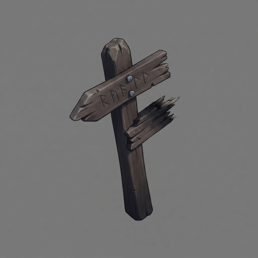 Image: A broken Nordic signpost: a thick weathered wooden