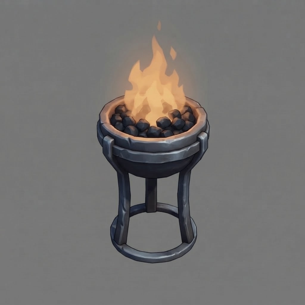 Image: A Nordic iron brazier on a stand: a heavy dark iro