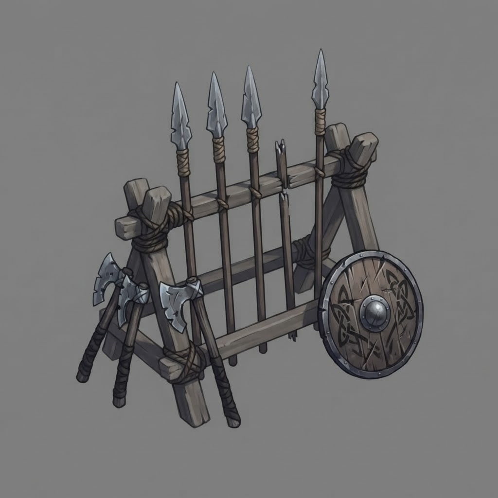 Image: A draugr camp weapon rack: a simple lashed timber
