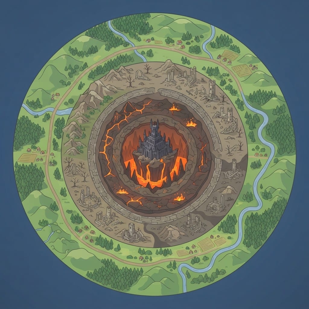 Image: A top-down aerial illustration of a fantasy game w