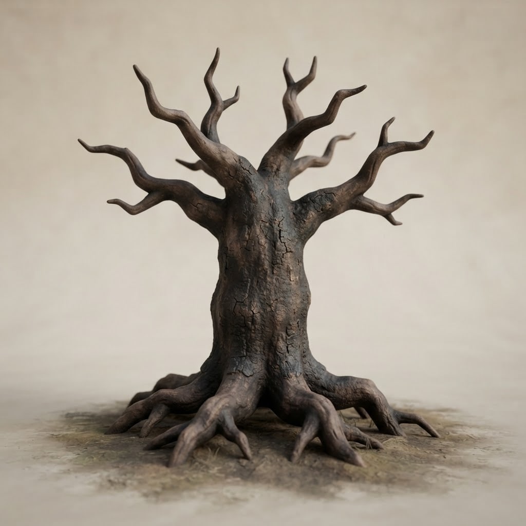 Image: Chibi stylized dead leafless Nordic tree, thick ch