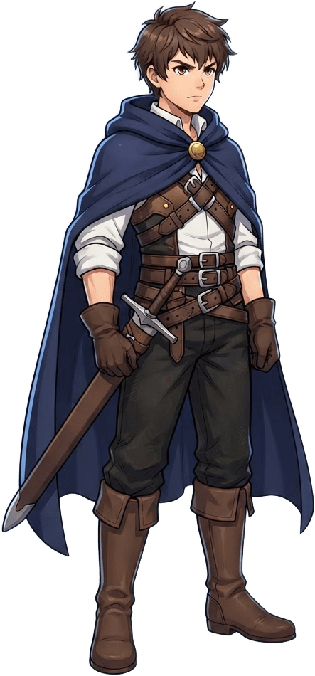 Image: Full-body character design of a young JRPG hero na