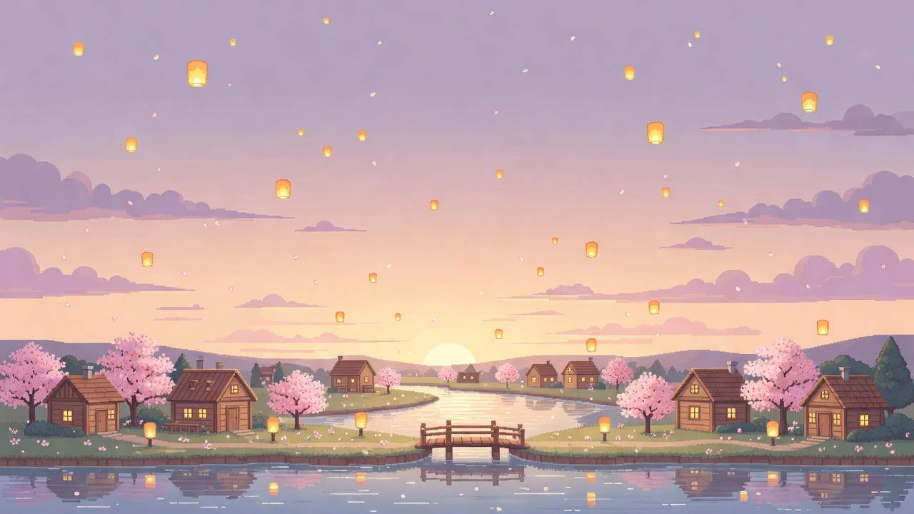 Cozy Fantasy Village Sunset Pixel Art