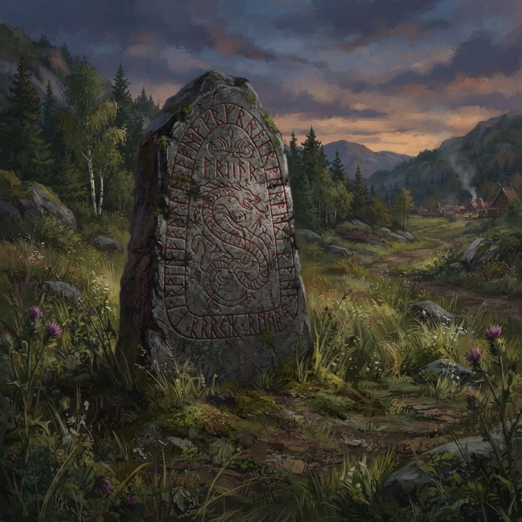 Image: A carved Norse rune stone standing in grass, paint
