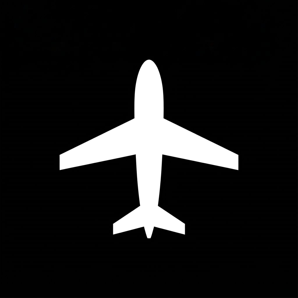 Image: A single flat white airplane icon seen from above,