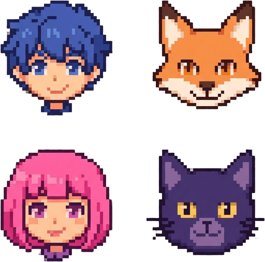 Image: Production pixel-art sprite atlas, EXACTLY FOUR se