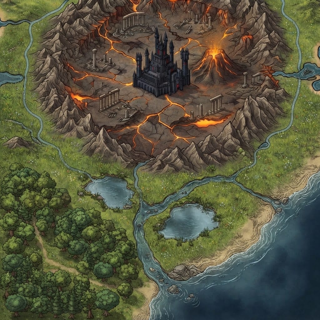 Image: This is a top-down fantasy map illustration. Zoom