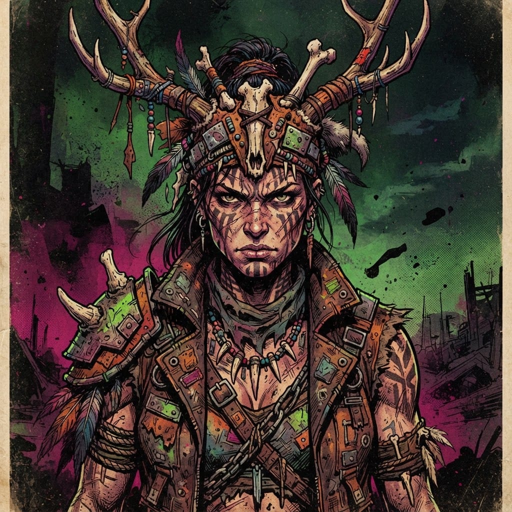 Image: Elara the mutant huntress, tribal bone-and-feather