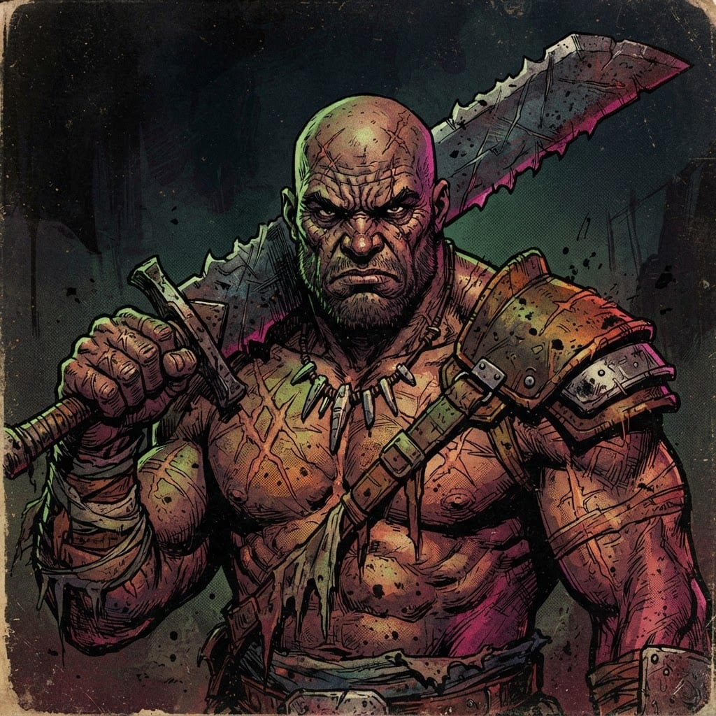Image: Gorak the warrior, massive bald muscular fighter,