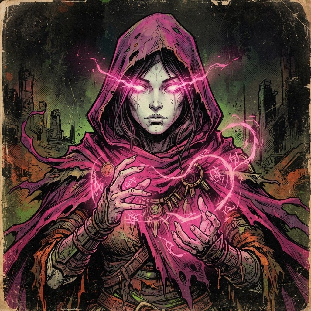 Image: Zyra the psionic mystic, hooded in a flowing magen