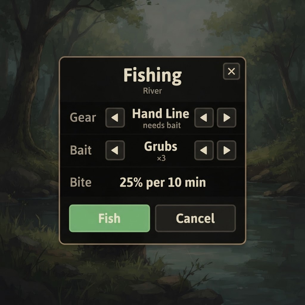 Image: UI mockup for a mobile survival game, landscape 16