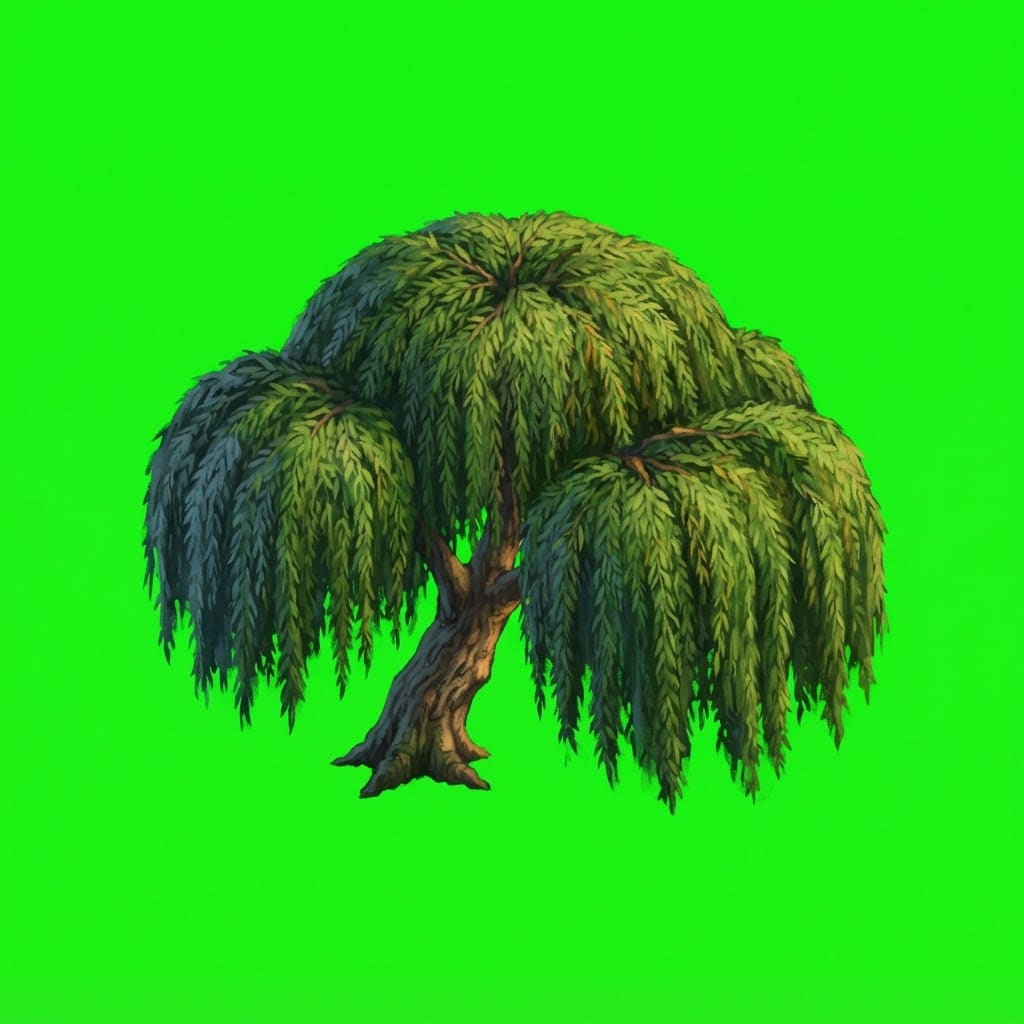 Image: A willow: a low domed crown of long narrow DROOPIN
