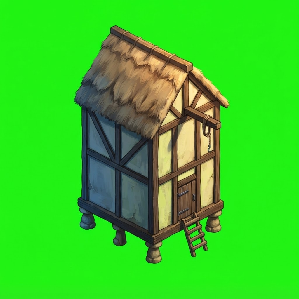 Image: A medieval GRANARY: a tall narrow timber-framed gr