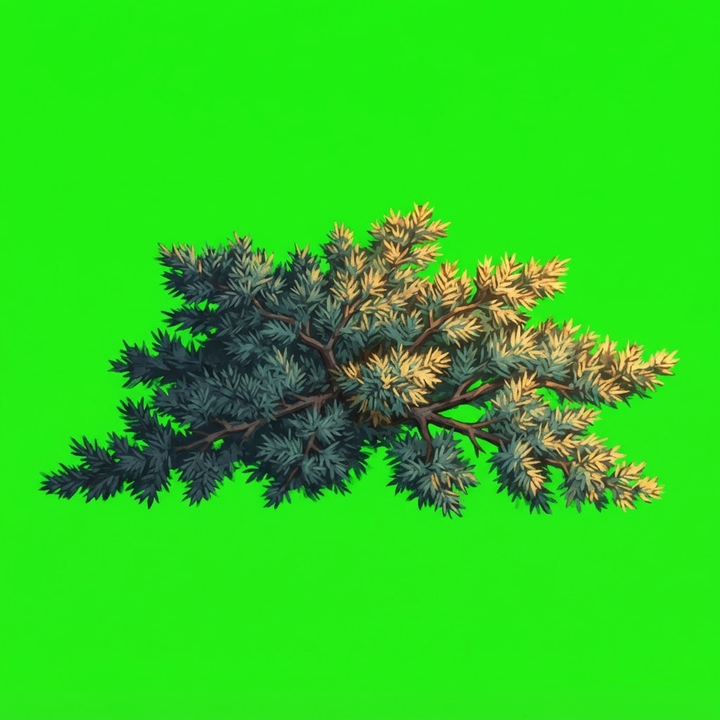 Image: A low sprawling juniper bush, blue-green needled f