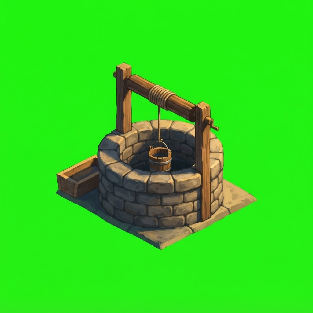 Image: A round stone village well: a circular coursed-sto