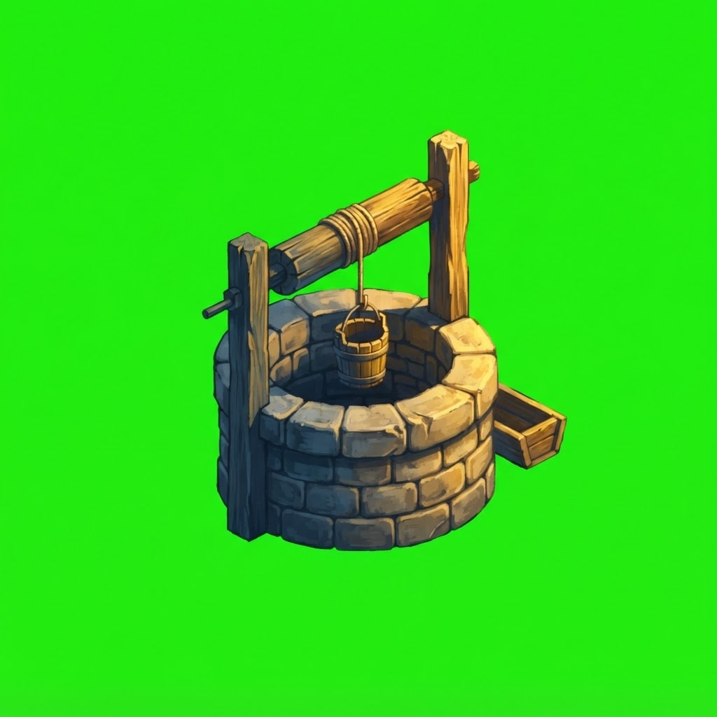 Image: A round stone village well: a circular coursed-sto