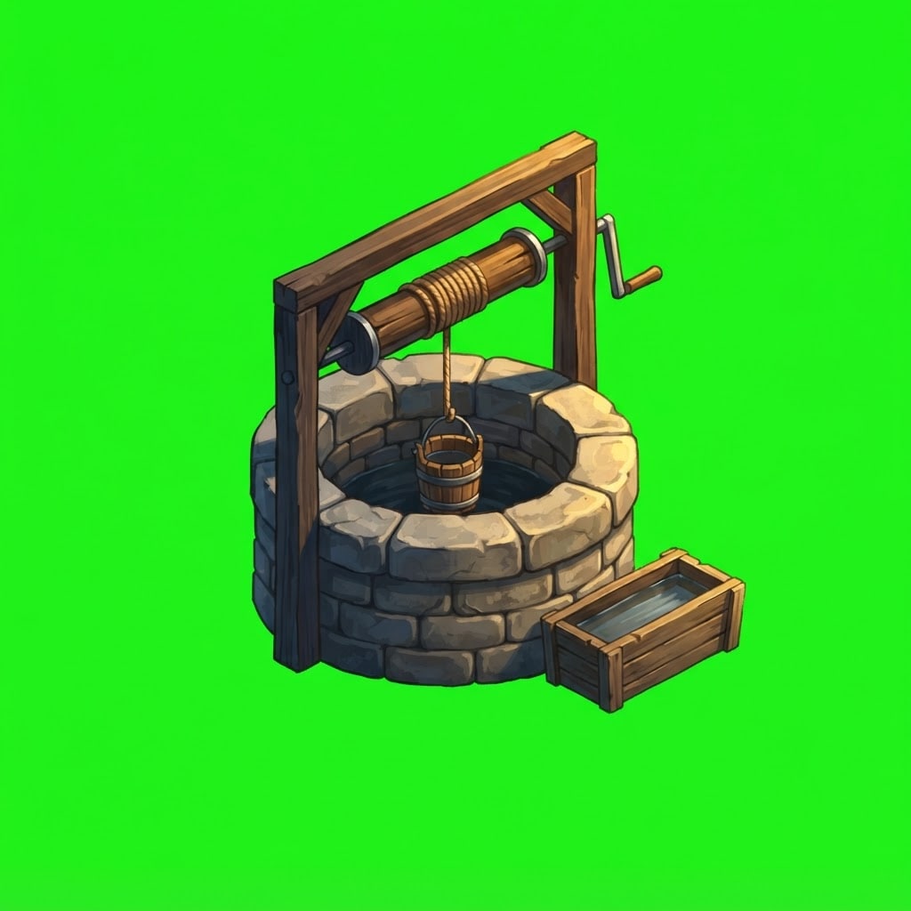 Image: A round stone village well: a circular coursed-sto