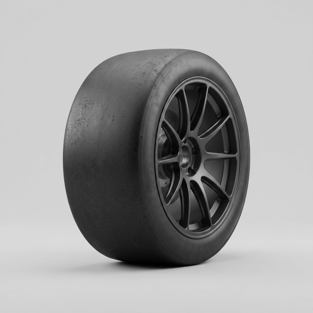 Image: Studio product photograph of a racing slick tyre,